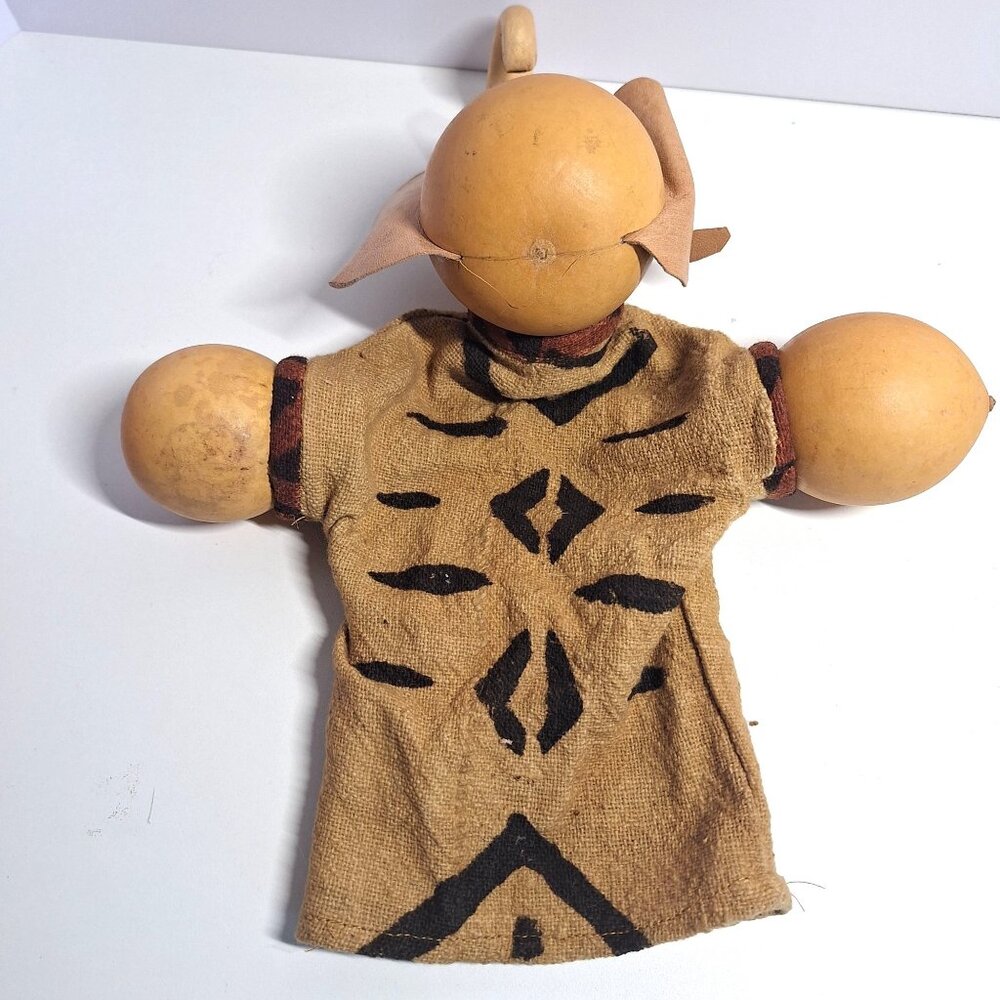 African Elephant Gourd Puppet Leather Handmade Ears Tusks Tribal Fabric READ - Picture 2 of 9